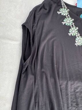 Double D Ranch Black Tunic Top with Mint Green Embellished Necklace Detail